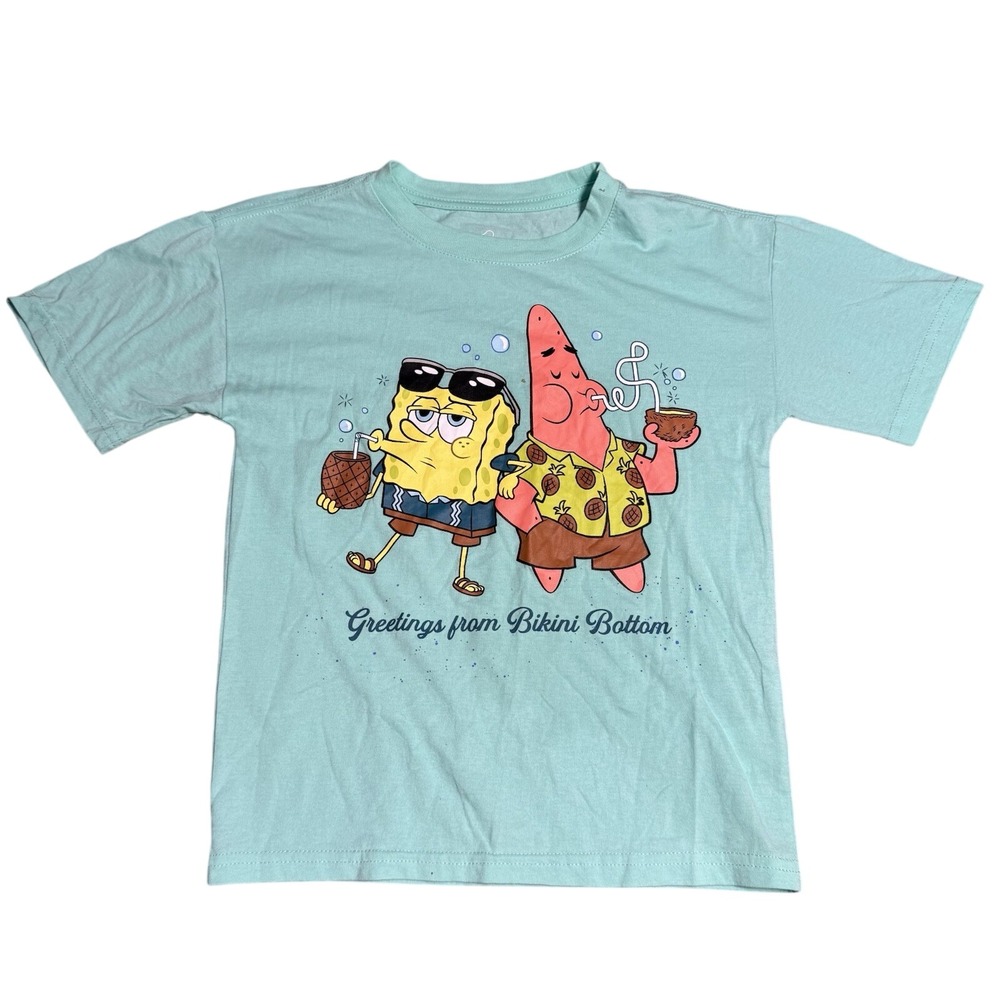 Nickelodeon SpongeBob Patrick Bikini Bottom Graphic T-Shirt Aqua Kids Size 7/8